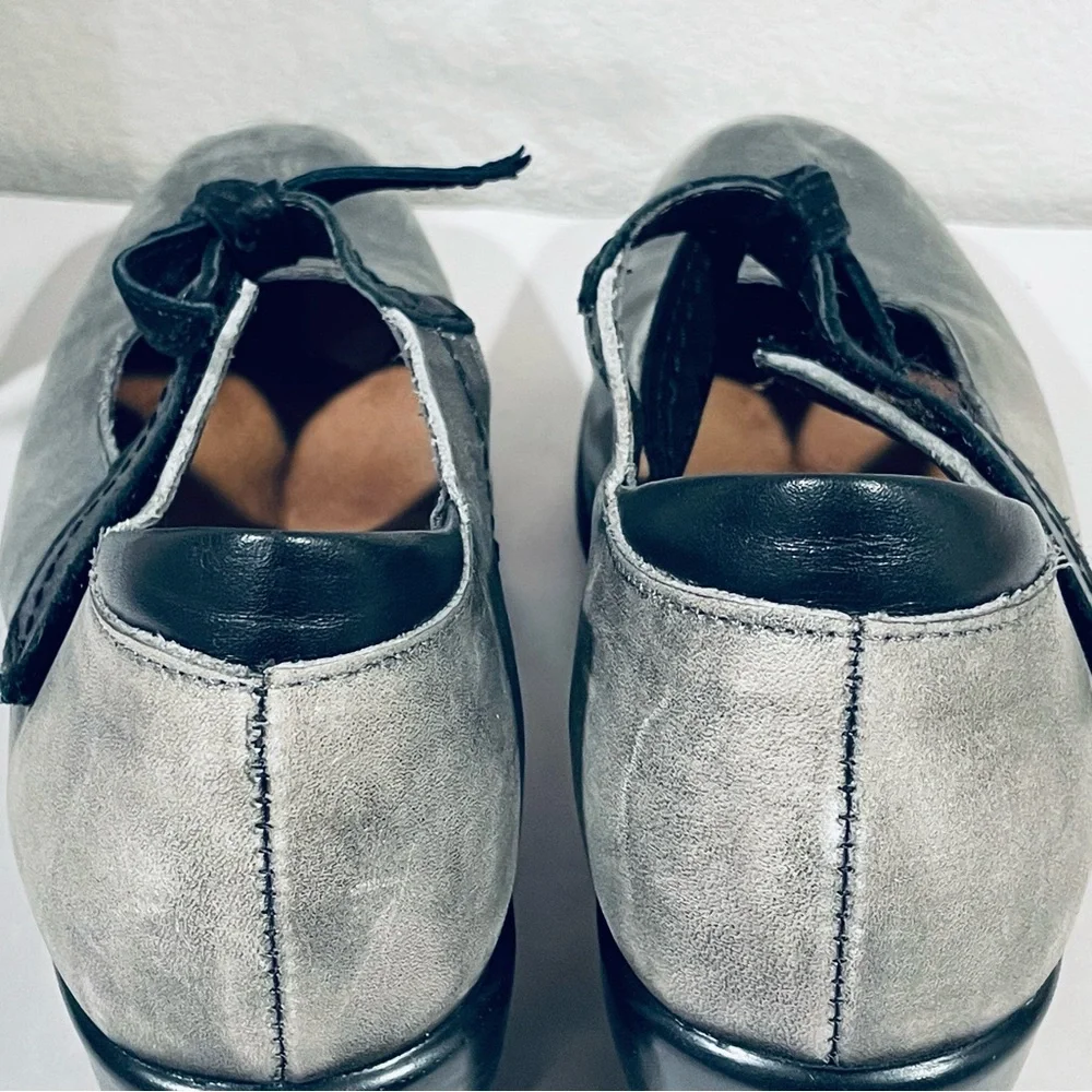 EUC Naot Gray Distressed Leather Clogs Heels Hook & Loop Faux Tie Strap Closure
